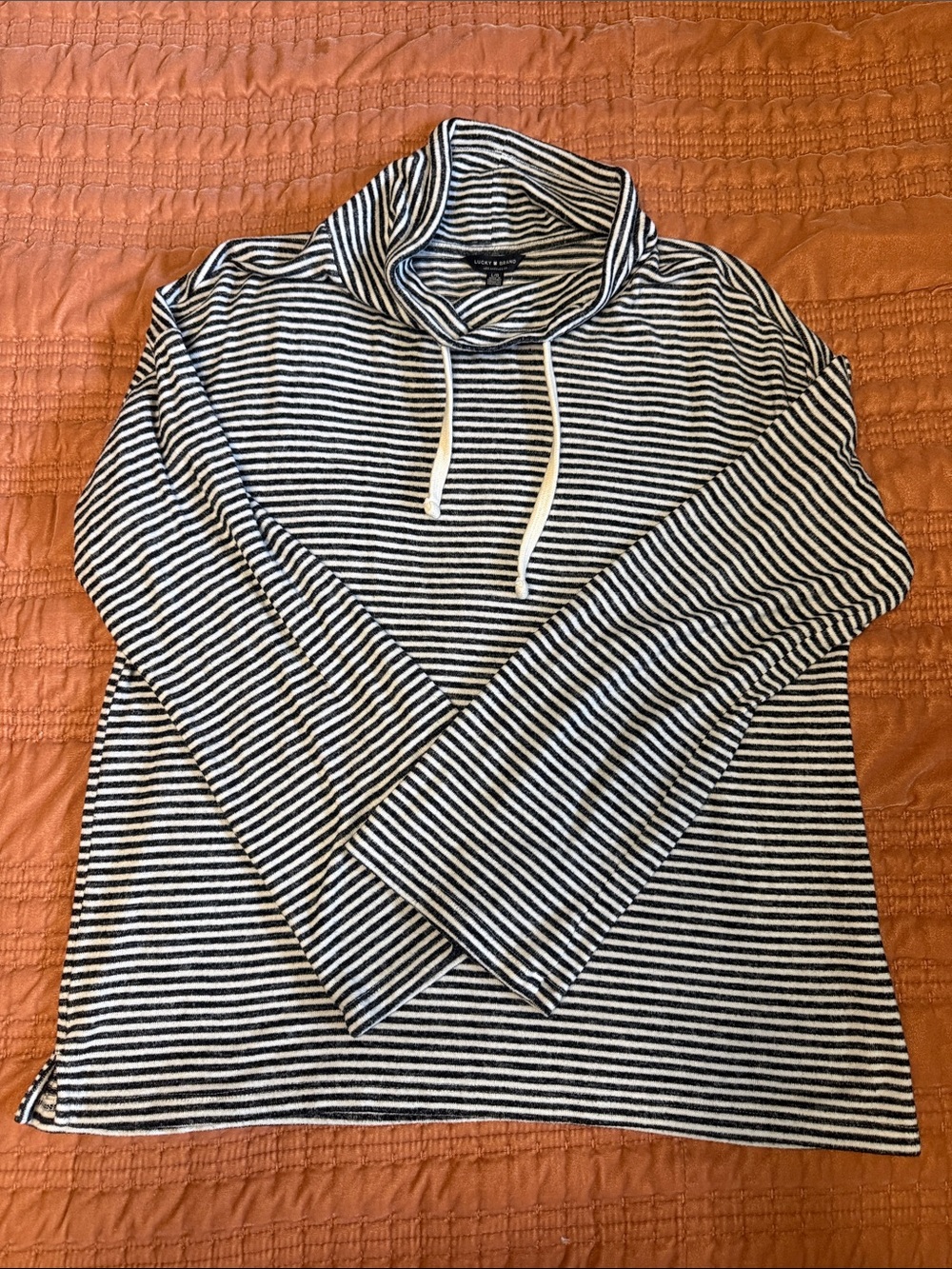 Lucky Brand Striped Funnel Neck Pullover with Drawstring